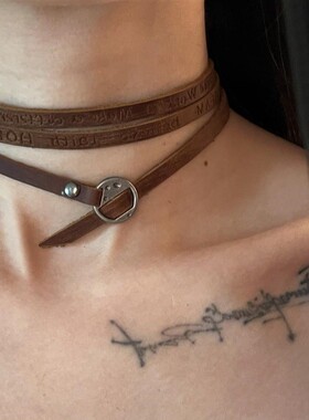 小众复古西部风百搭多层朋克choker颈带废土风字母皮革辣妹腰链