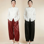 新中式 国风100%桑蚕丝香云纱龟纹真丝宽松阔腿显瘦春夏九分休闲裤