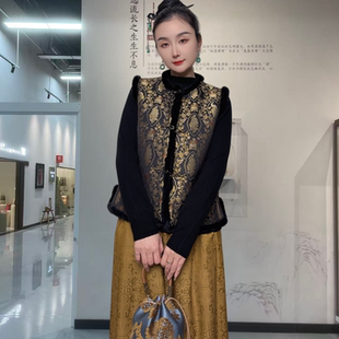 水貂毛唐装 新中式 国风高级高非遗宋锦提花夹棉马甲女2025秋冬新款