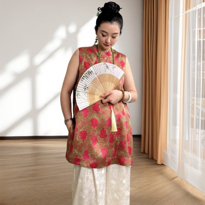 新中式提花无袖上衣100%桑蚕丝