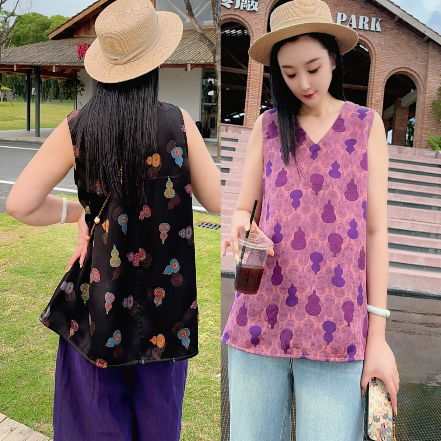 新中式真丝无袖上衣女夏季葫芦碎花V领气质时尚桑蚕丝背心