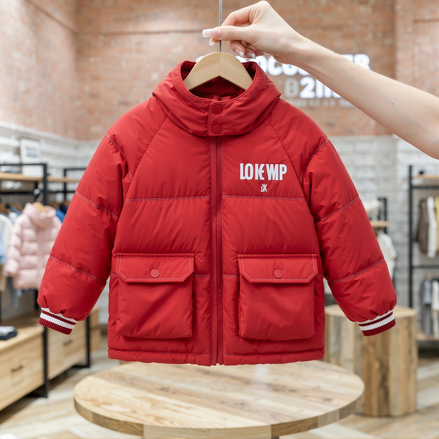2025冬季儿童红色连帽加厚羽绒服