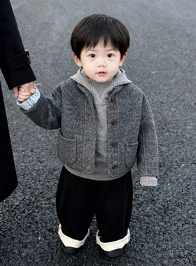 儿童2025秋冬新款灰色仿羊毛呢外套男女童韩版时尚宽松连帽开衫