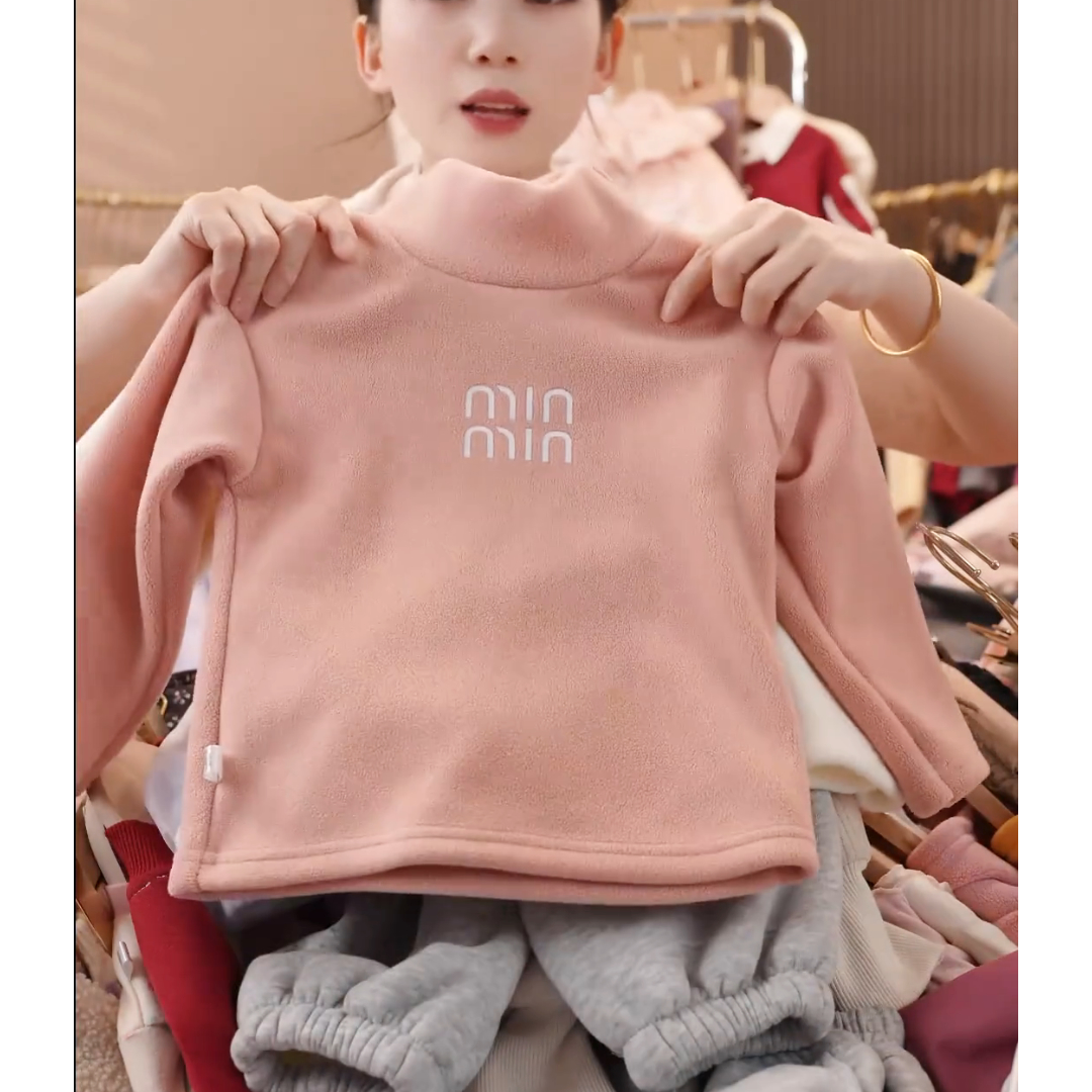 花梦熊儿童粉色半高领加绒卫衣男女童韩版休闲加厚保暖长袖上衣
