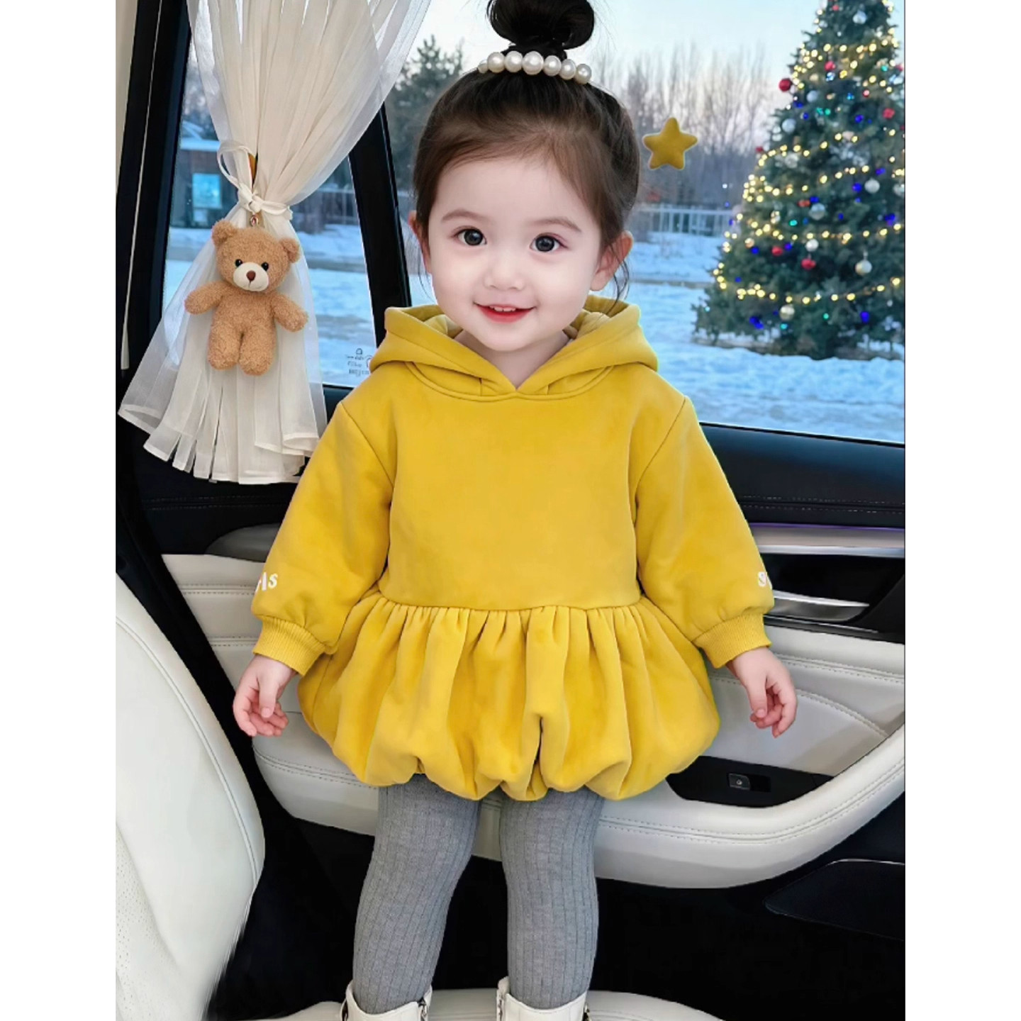 多巴胺风女童黄色连帽卫衣裙韩系可爱花苞裙2025冬季新款