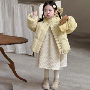 女童冬装羽绒服2025新款洋气儿童保暖连帽中长款黄色棉衣外套