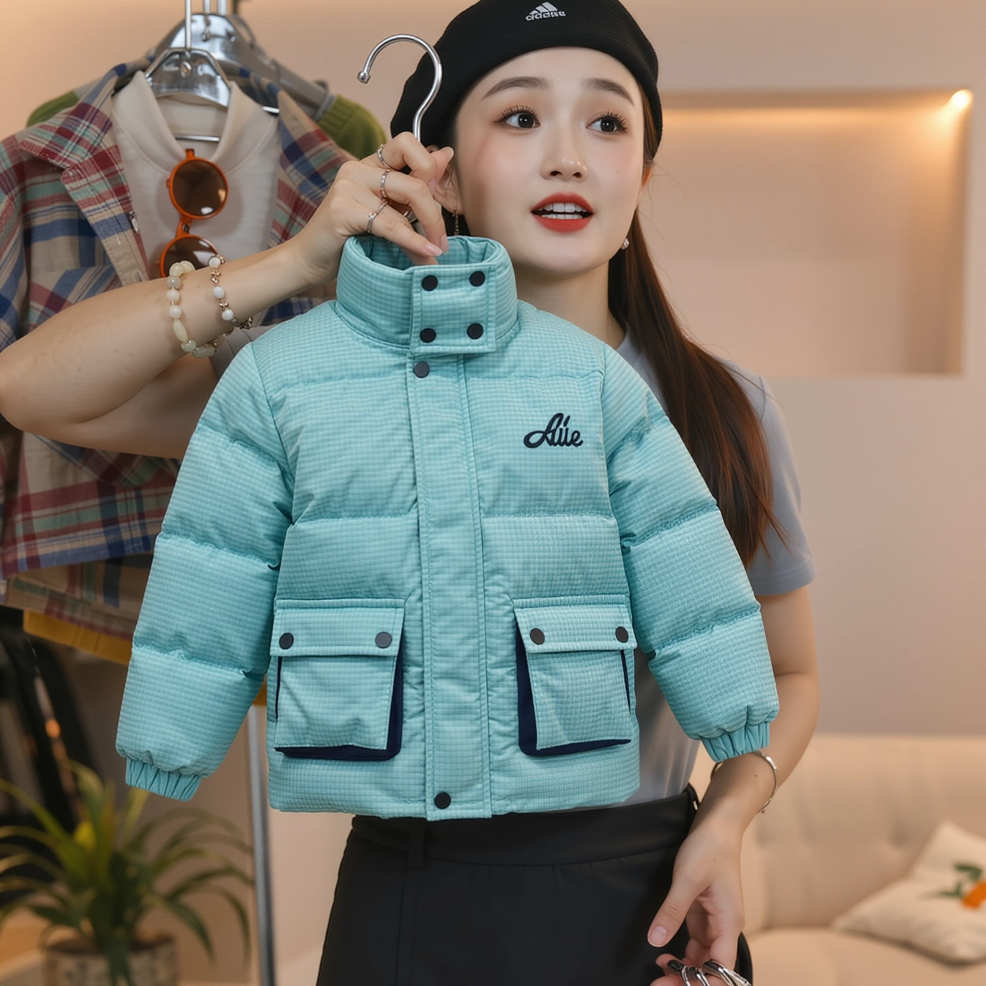 韩版时尚格子拼接羽绒服女短款