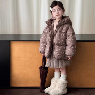 2025秋冬新款女童碎花连帽羽绒服短款加厚保暖面包服可爱外套冬装