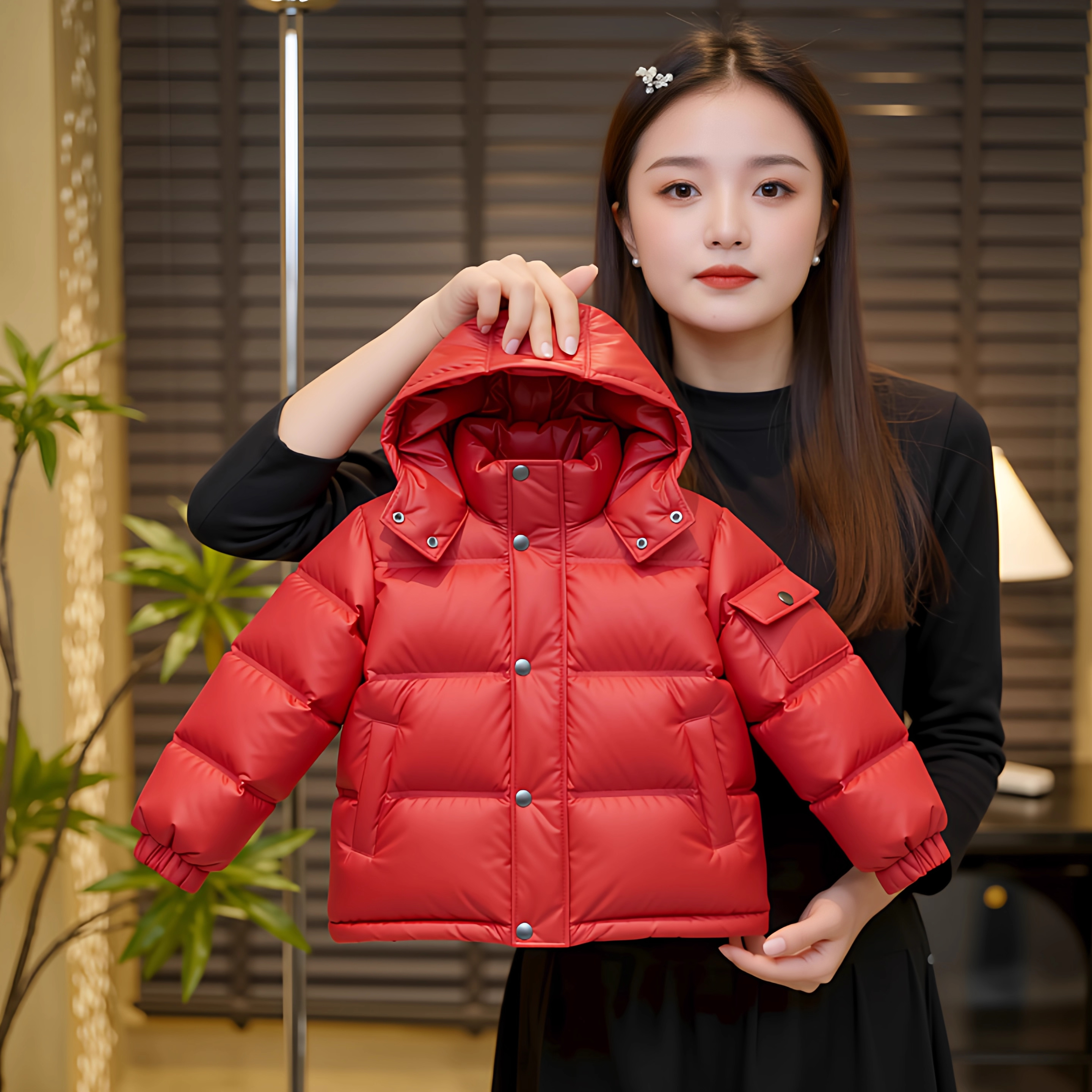 2025冬季新款红色连帽短款羽绒服