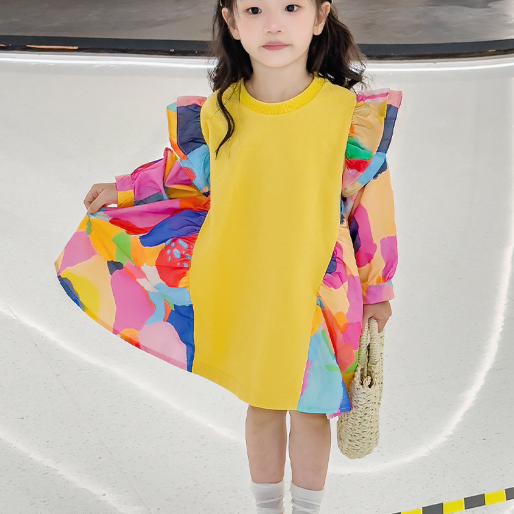 女童连衣裙彩色涂鸦2025新款宝宝长袖裙子洋气儿童公主裙黄色