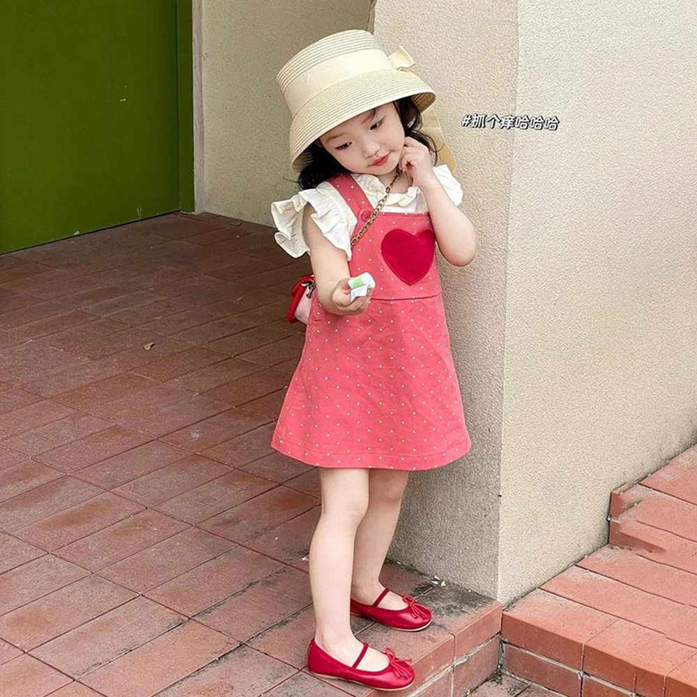 韩版女童2025夏季新款可爱粉红色爱心波点背带裙女宝宝米色娃娃衫
