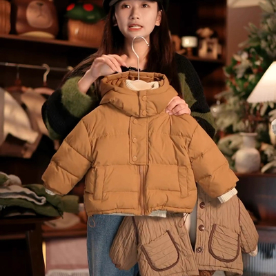 2025新款女童短款加厚棉服秋冬连帽保暖外套小个子蓬松面包服棉服