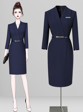 MOHE高级感职业装女2025秋季七分袖连衣裙美容院珠宝店销售工作服