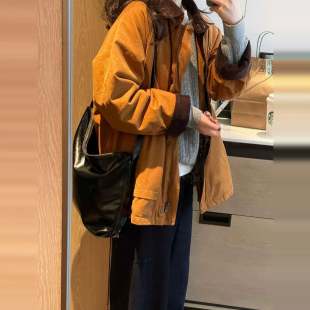 撞色直筒型复古韩系宽松中长款棉衣女2026秋冬季新款休闲气质精致