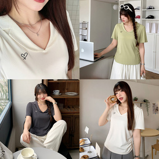 收腰缩褶短袖 胖mm大码 刺绣上衣甜美风 显瘦V领t恤女夏季 正肩泡泡袖