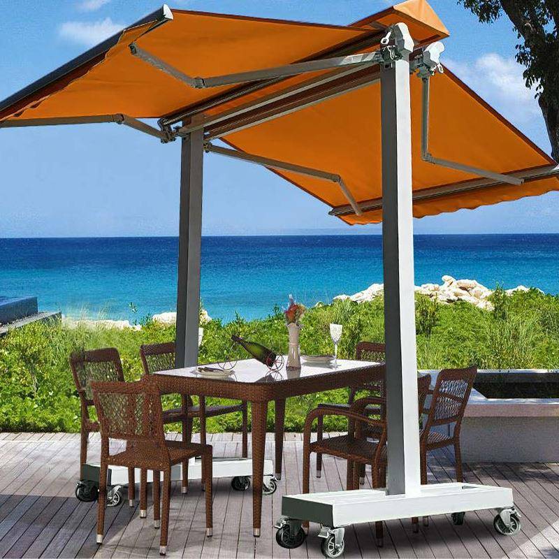 彩色双开式伸缩篷小区门卫岗亭铝合金电动蝴蝶型人字伸缩式遮阳篷