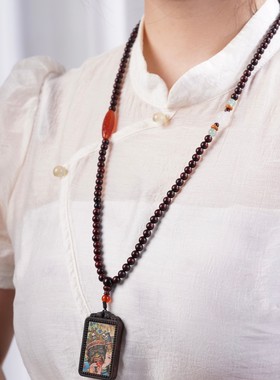 复古民族风西藏唐卡挂件紫檀木佛牌项链毛衣链扎基拉姆女神配饰