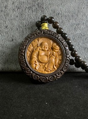 沉香木雕圆牌镶嵌檀香弥勒随身挂木质工艺品车载挂件项链