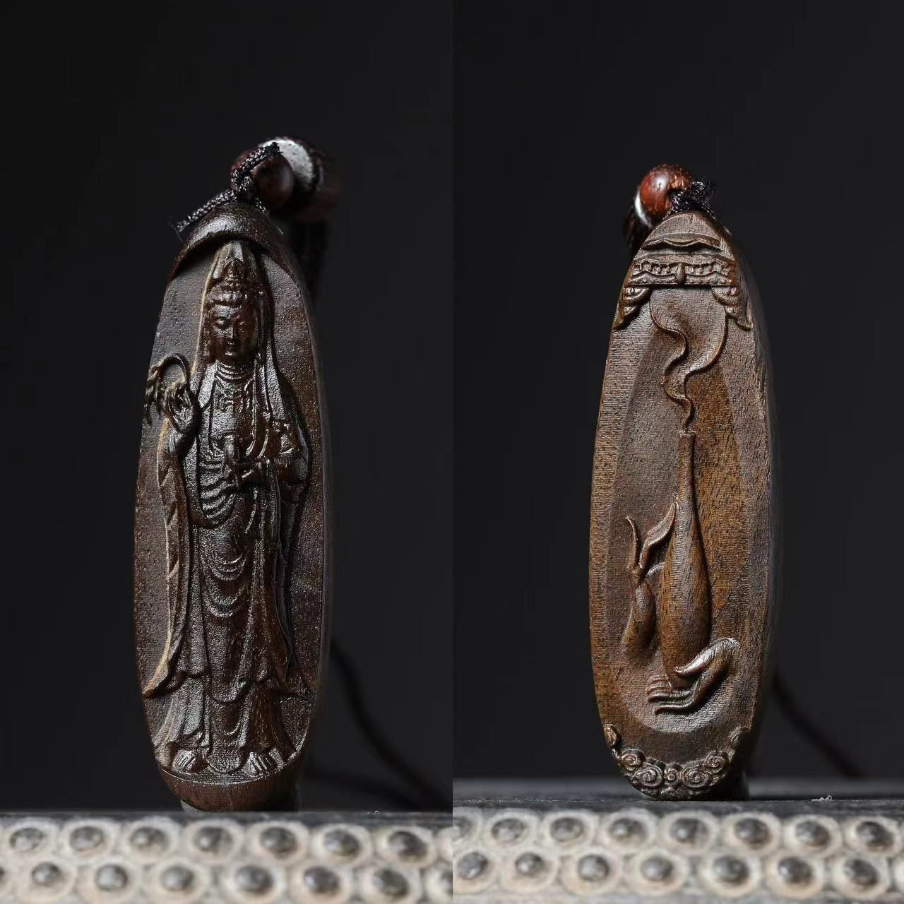 越南沉香木双面雕观音吊坠手把件文玩工艺品挂件菩萨木雕项链车挂