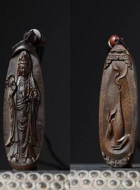 越南沉香木双面雕观音吊坠手把件文玩工艺品挂件菩萨木雕项链车挂
