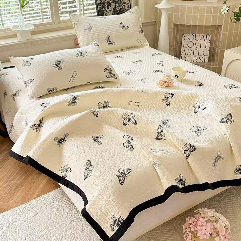 ins双层纱水洗棉床盖三件套双面可用榻榻米床垫夹棉床单单件床褥