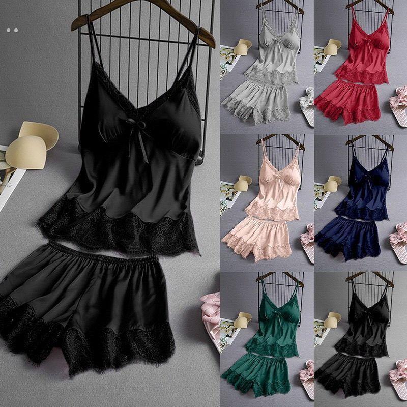 夏季清凉女士性感大码睡衣两件套装带胸垫新款吊带蕾丝花边家居服