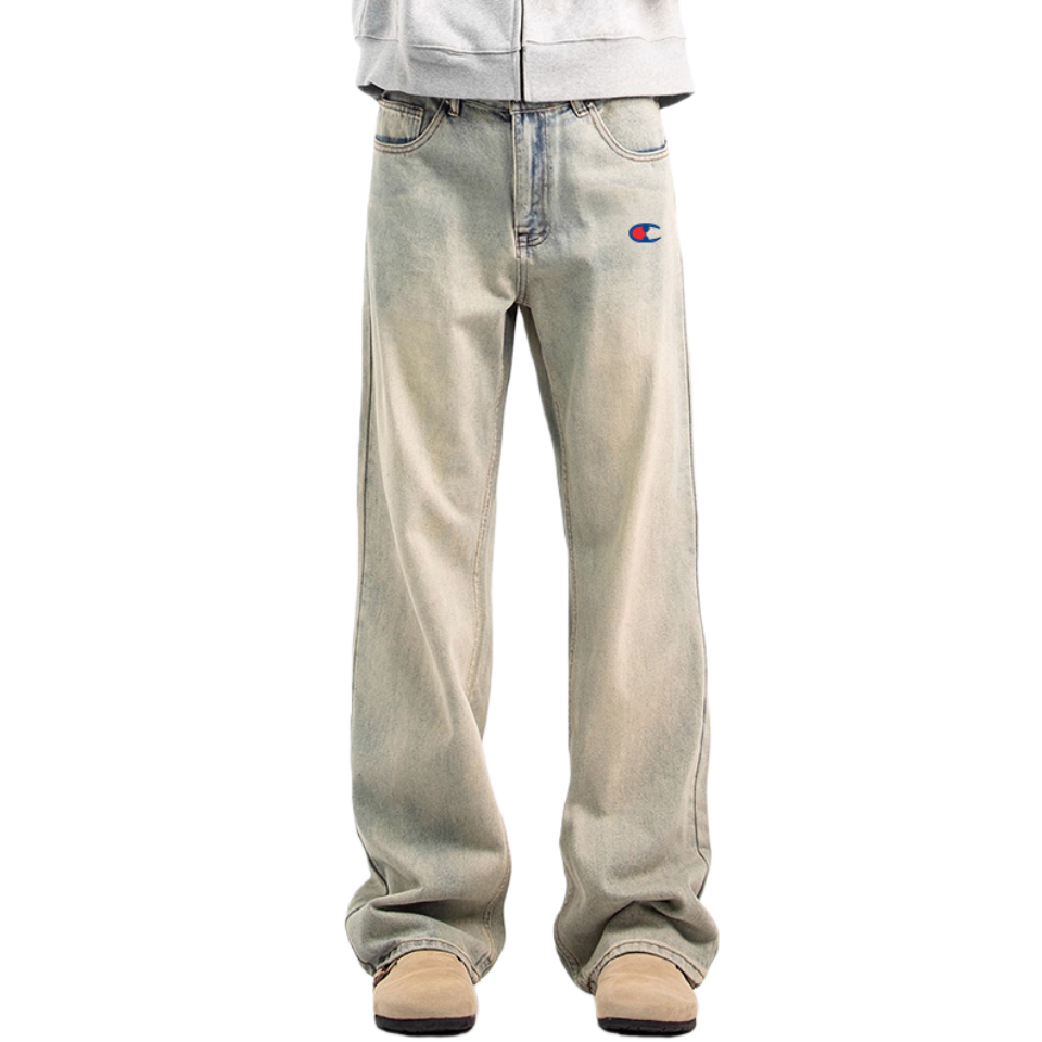 【一折专区】Chamqlan美式复古直筒牛仔裤男款休闲长裤做旧微喇裤