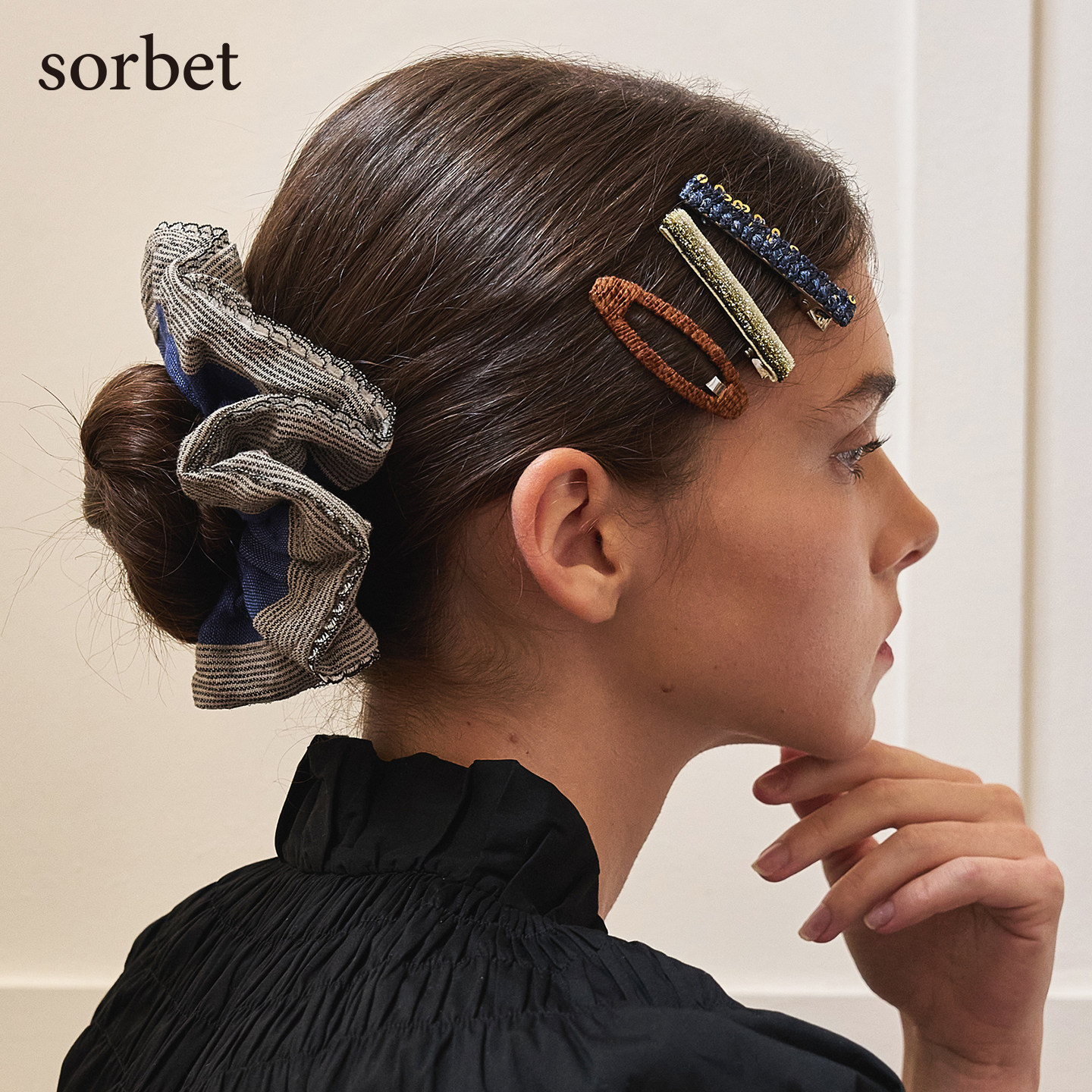 sorbet蓝色小花丝绒手工镂空发夹