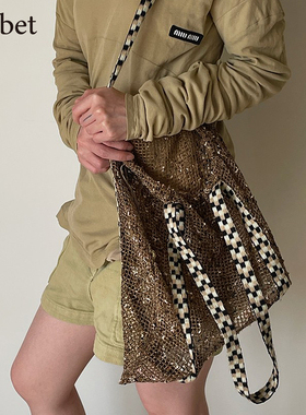 sorbet waffle单肩包手工织带拼接网兜网袋包