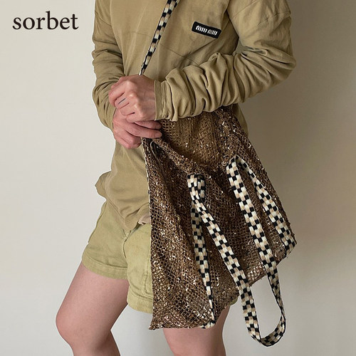 sorbet waffle单肩包手工织带拼接网兜网袋包