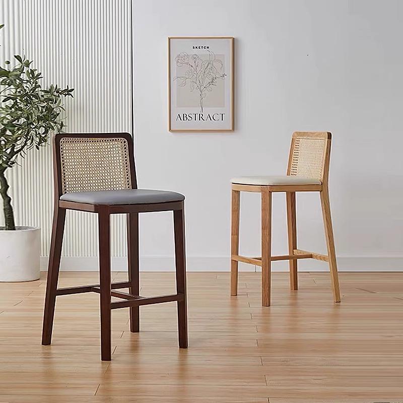 OMEAN藤编日式实木吧台椅子餐椅前台椅靠背酒吧咖啡馆岛台高脚凳