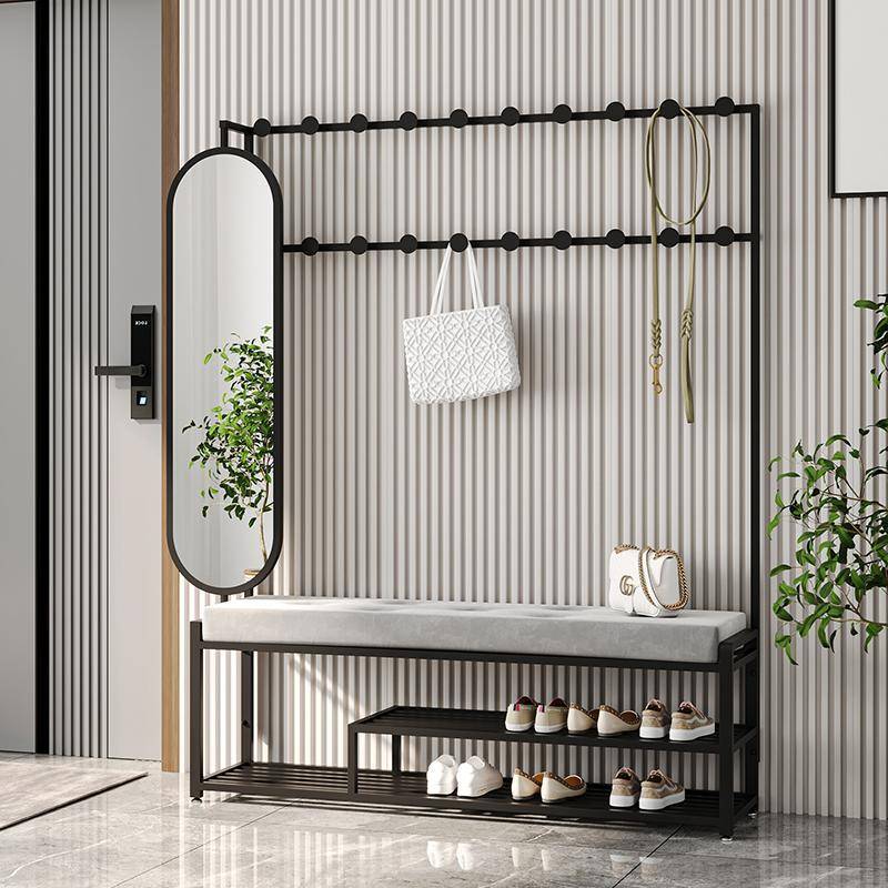 轻奢换鞋凳衣帽架带镜子旋转家用鞋柜挂衣架一体架多功能软包鞋凳