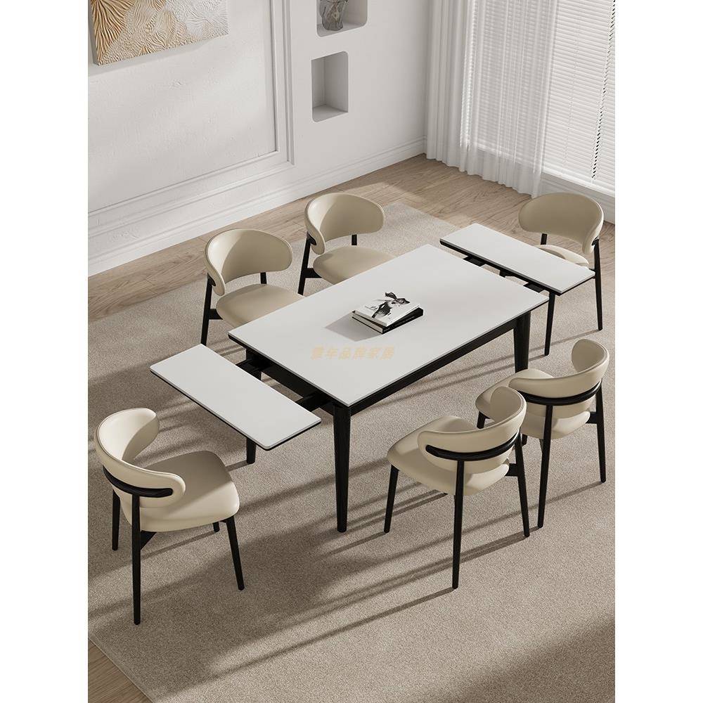 现代简约长方形岩板餐桌可伸缩折叠实木极简轻奢风家用小户型饭桌