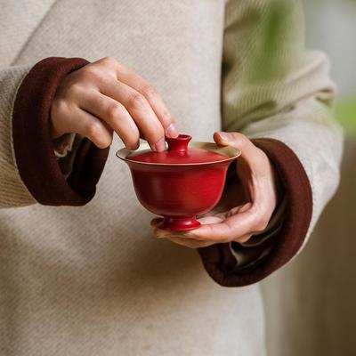 颜色釉牧渔全手工陶泥薄胎盖碗110ml景德镇复古故宫红色陶瓷茶具