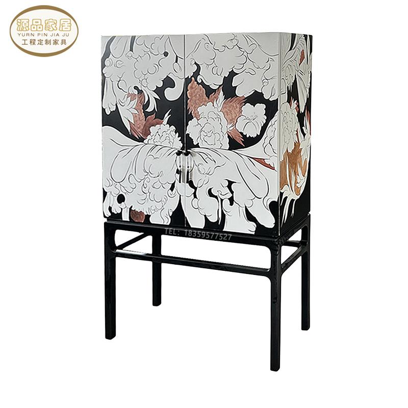 轻奢中式实木玄关柜客厅彩绘装饰柜样板房会所门厅书柜收纳柜高柜