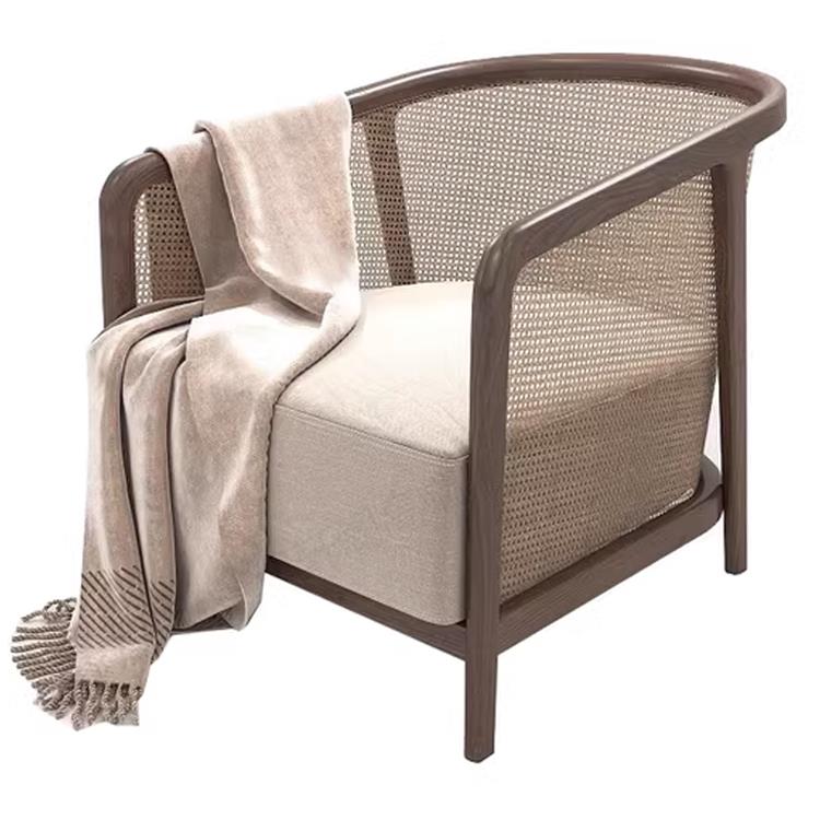 新中式实木藤编沙发椅民宿酒店会客接待样板间客厅单人布艺休闲椅