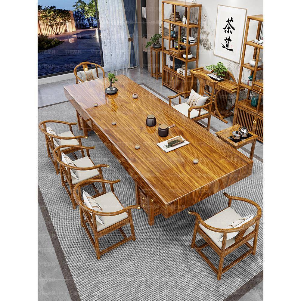 乌金木实木大板茶桌椅组合一桌五椅新中式客厅家用茶几办公室茶台