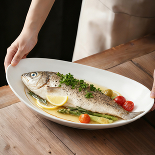创意鱼盘蒸鱼盘子家用大码陶瓷盘饺子盘剁椒鱼头平盘厨房备菜盘子