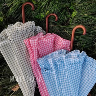 格子花边长柄雨伞女加大结实超抗风小众小清新木柄直柄双人小洋伞