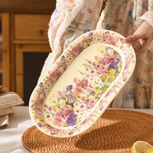 繁花似锦宽边鱼盘家用陶瓷盘蒸鱼盘子剁椒鱼头盘长方形盘子大号