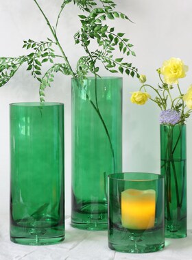 简约厚底泡绿色玻璃花瓶大号富贵竹水养插花圆形直筒婚礼客厅摆件
