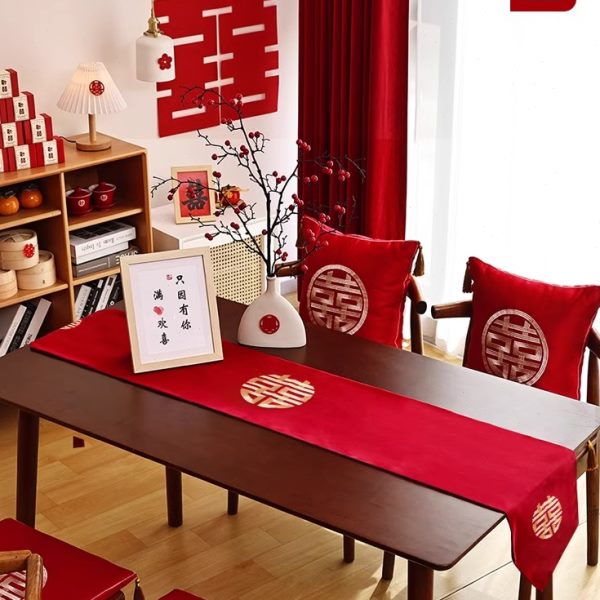 结婚订婚桌布红色中式喜字桌旗圆桌茶几餐桌台布婚礼婚房布置装饰