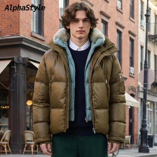 Alphastyle厚款双层连帽毛领可拆卸保暖羽绒服鹅绒外套防风男女款