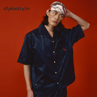 AlphaStyle春夏丝棉刺绣衬衫短袖