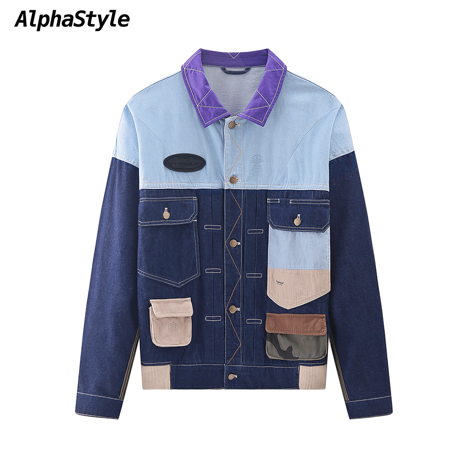 秋季牛仔外套潮牌男女撞色夹克