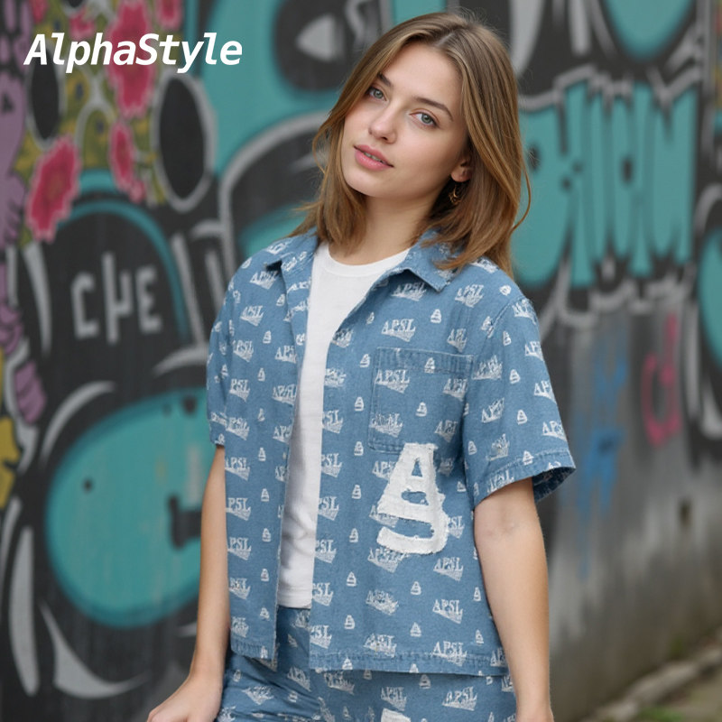 AlphaStyle夏季印花牛仔短袖衬衫