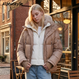 Alphastyle厚款双层连帽毛领可拆卸保暖羽绒服鹅绒外套防风男女款