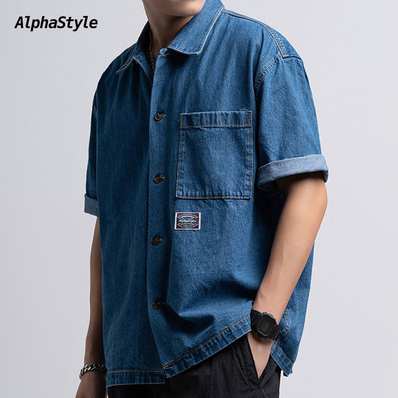 夏季纯棉牛仔衬短袖衫舒适潮流