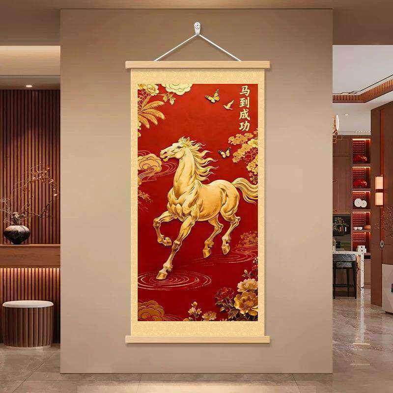 2026中式风马到成功装饰画客厅卧室挂画红色梅花金色骏马布卷轴画