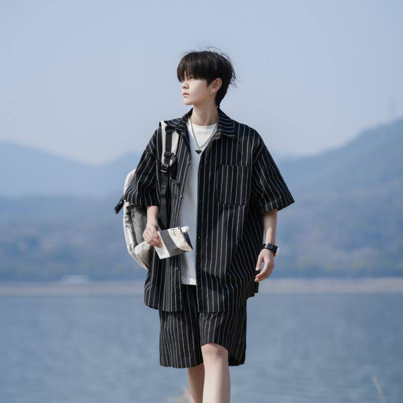 条纹短袖衬衫套装男款夏